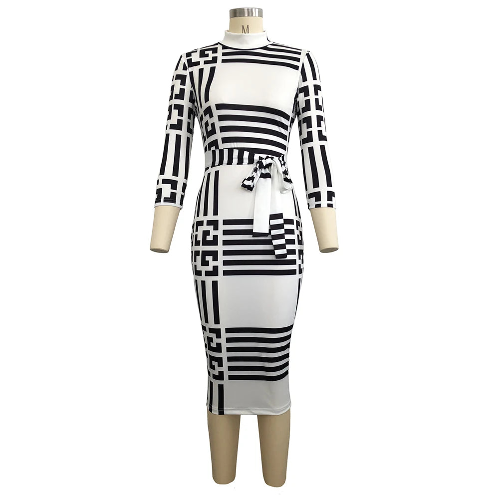 Women Sexy Turtleneck Short Sleeve Print Bodycon Midi Dress Female Elegant High Elastic Night Club Pencil Dresses With Sashes Women Sexy Turtleneck Short Sleeve Print Bodycon Midi Dress Female Elegant High Elastic Night Club Pencil Dresses With Sashes